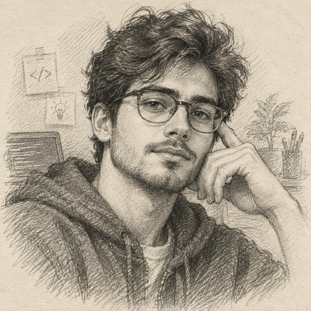 Graphite pencil self-portrait of Rowan Ashcroft on cream sketchbook paper.